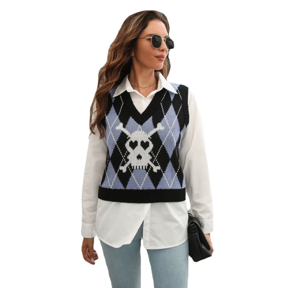 ZARA Skull Jacquard Diamond Pattern Knit Sweater Vest Women Fall Winter